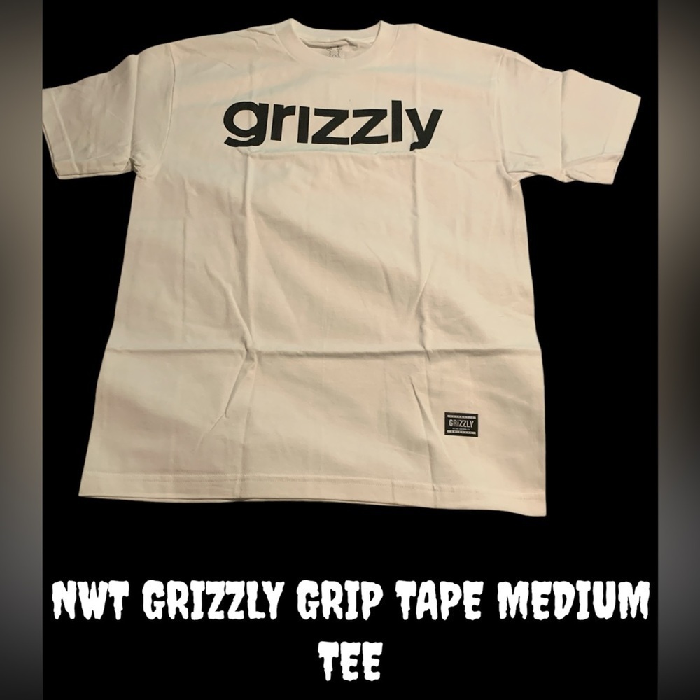 NWT GRIZZLY GRIP TAPE AUTHENTIC MEDIUM WHITE TEE WITH BLACK TYPE LOGO